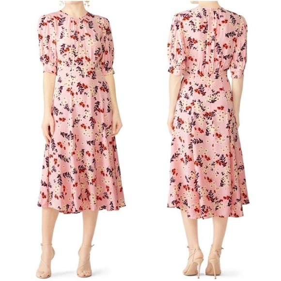 by TiMo Pink Floral Midi Dress Short Puff Sleeves‎ Bloom 50s Print, Size Small - Picture 1 of 16